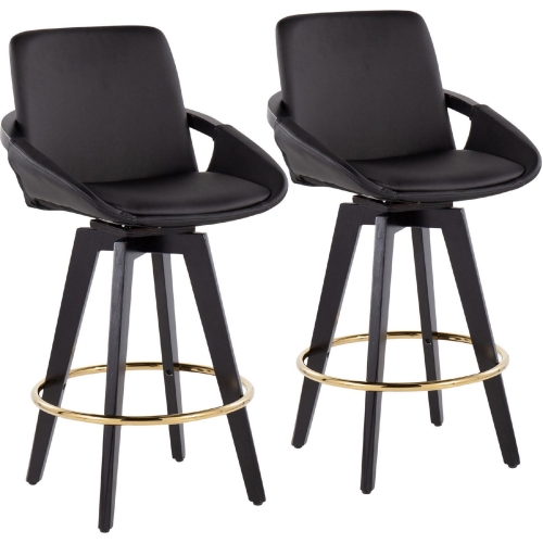 Cosmo 26" Swivel Counter Stool in Black Leatherette, Black Wood & Gold (Set of 2)